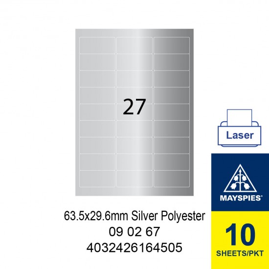 MAYSPIES 09 02 67 PREMIUM COLOR LASER LABEL / 10 SHEETS/PKT SILVER POLYESTER 63.5X29.6MM